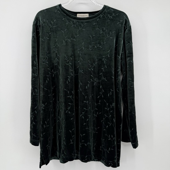Womens XL Pullover Top Shirt Dark Forest Green Velvet Long Sleeve Embroidered - Picture 1 of 12